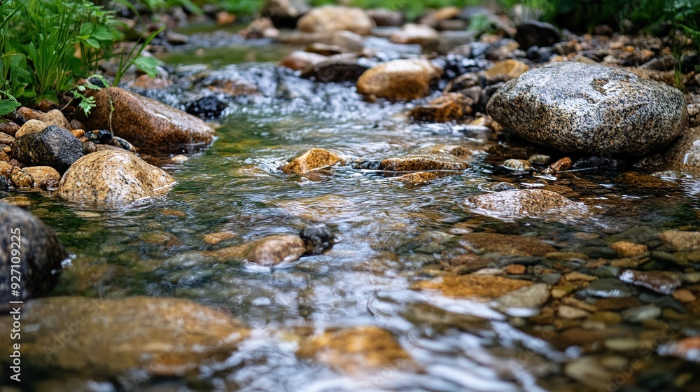 The stream water is crystal clear, reflecting rocks The stream water is crystal clear, reflecting rocks