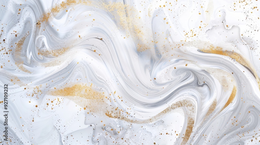 White and grey paint swirls together in a marble-like pattern, with gold glitter sprinkled throughout. White and grey paint swirls together in a marble-like pattern, with gold glitter sprinkled throughout.