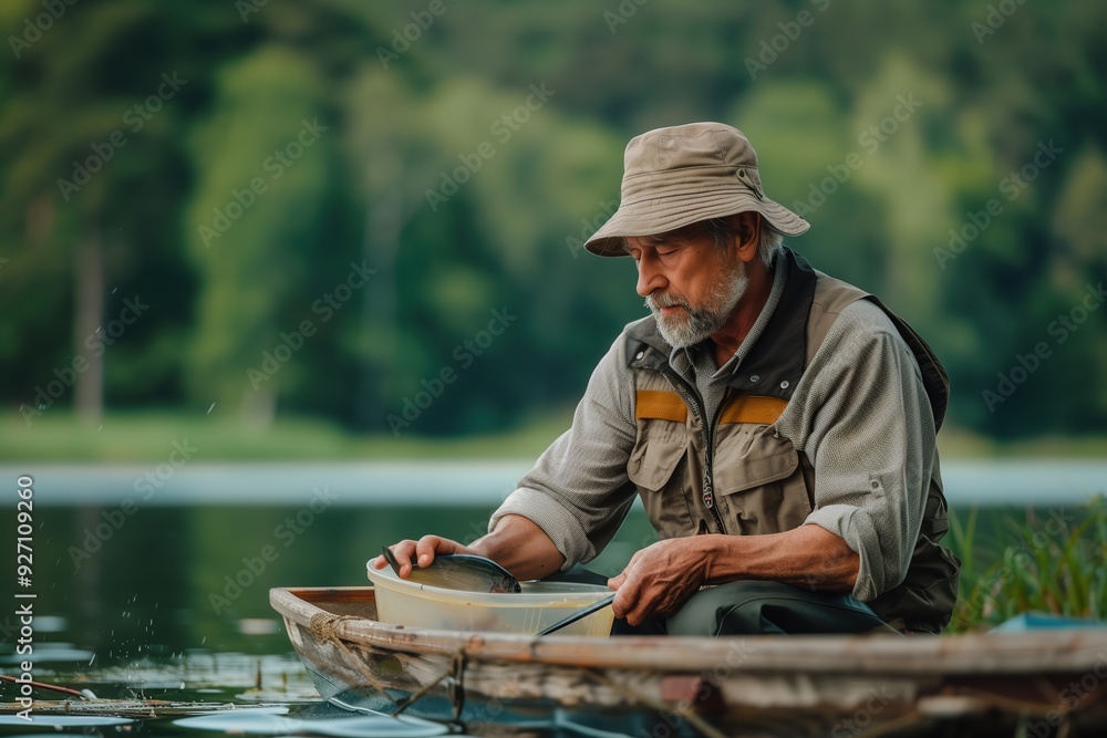 An elderly fisherman in a hat, sits in a wooden boat and places a fish into a bucket. An elderly fisherman in a hat, sits in a wooden boat and places a fish into a bucket.