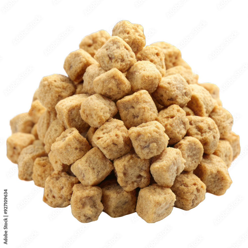 A pile of small, brown, square-shaped food items on transparent background A pile of small, brown, square-shaped food items on transparent background