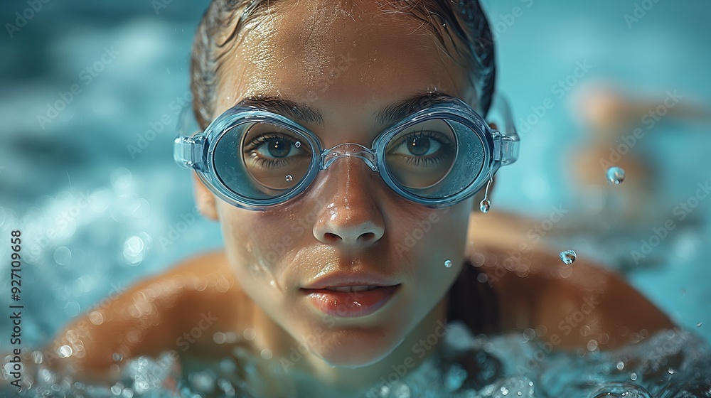 Naklejka premium Woman in Blue Swimming Goggles Enjoying Refreshing Swim in Sunny Pool on Summer Day
