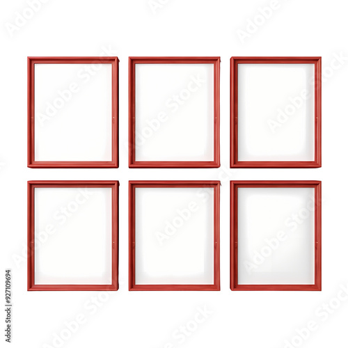 Six red picture frames with white mats are arranged in two rows of three. Perfect for displaying your favorite photos or artwork. photo