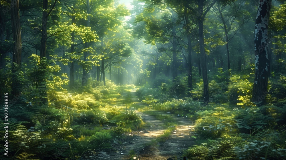 Obraz premium A Serene Forest Path Winding Through a Lush Verdant Landscape