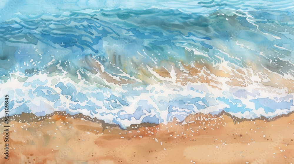 A watercolor painting depicts an aerial view of a sandy beach where ocean waves are breaking and foaming. The water is a light blue color with hints of green, and the sand is a warm tan. A watercolor painting depicts an aerial view of a sandy beach where ocean waves are breaking and foaming. The water is a light blue color with hints of green, and the sand is a warm tan.