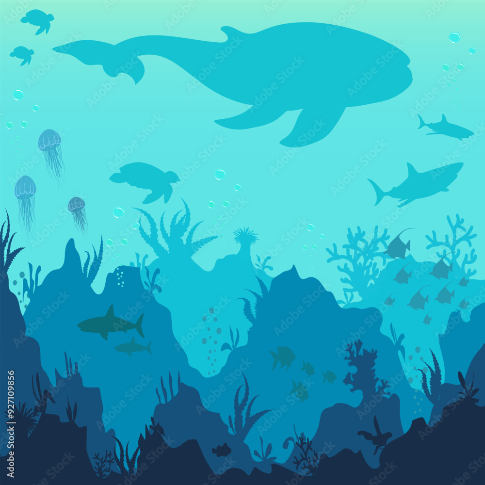 Silhouette of a whale and sea animals.Vector illustration with silhouettes of underwater flora and fauna. Silhouette of a whale and sea animals.Vector illustration with silhouettes of underwater flora and fauna.