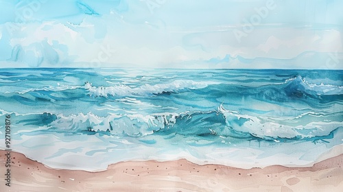 A watercolor painting depicts a tranquil ocean scene with gentle waves rolling towards a sandy beach. The blue sky above the water is partly obscured by clouds. The artist uses muted shades of blue an