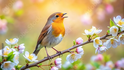 Robin bird singing on a blossoming branch in soft spring light, Robin, bird, singing, blossoming, branch, spring, light