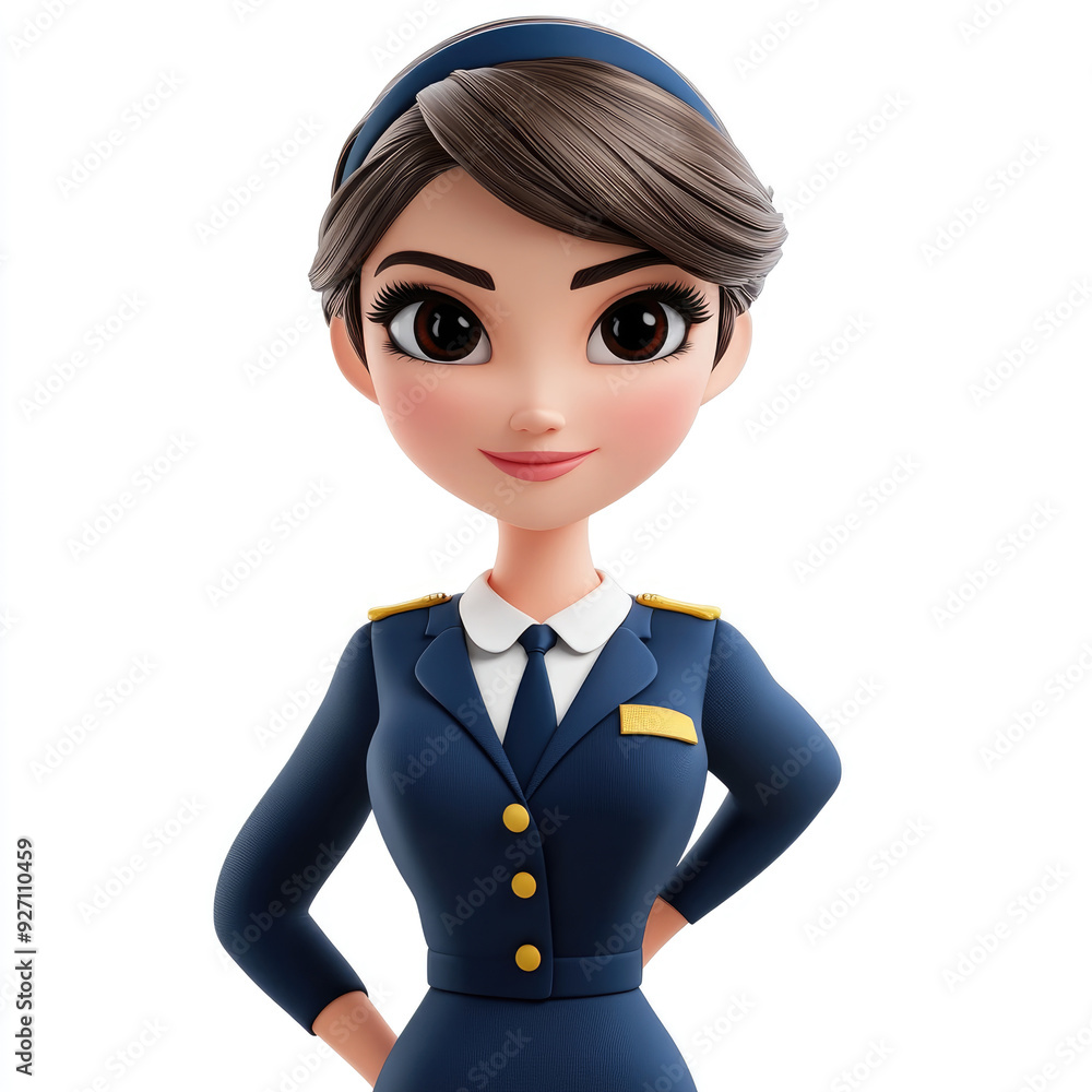 3D cartoon, a Cheerful stewardess. on a solid white background 3D cartoon, a Cheerful stewardess. on a solid white background