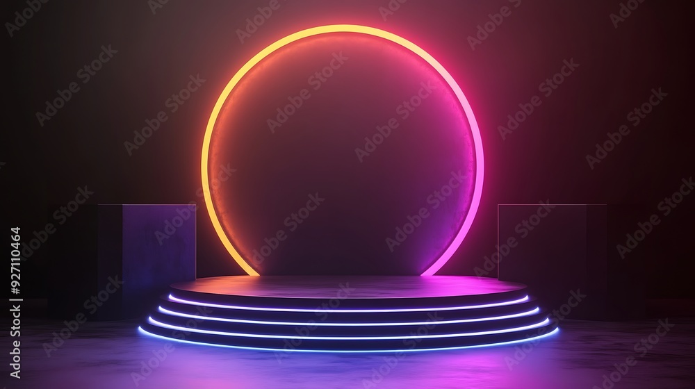 Neon lights illuminate a circular platform.