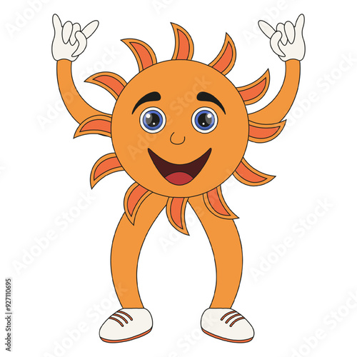 Sun character template design isolated transparent background. Groovy style sun. Vector weather element in trendy simple flat style. Editable stroke.