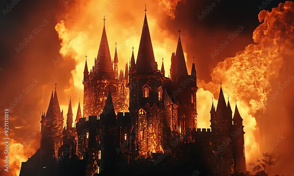 Gothic Castle Ablaze in Intense Fire at Night with ai generated.
Gothic Castle Ablaze in Intense Fire at Night with ai generated.