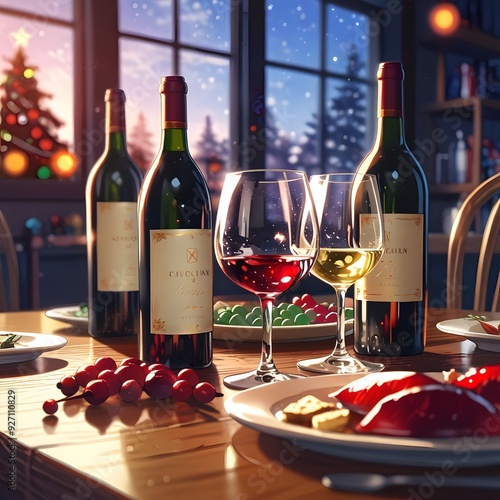 Wine and Christmas ornaments on the table on the awesome background