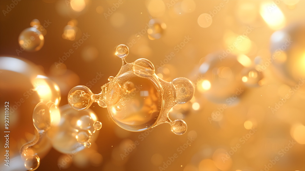 Gold molecule peptide collagen background, 3D molecular oil laboratory background, jojoba cosmetic science banner. Yellow liquid bubble, vitamin medical skin care poster beauty chemistr Gold molecule peptide collagen background, 3D molecular oil laboratory background, jojoba cosmetic science banner. Yellow liquid bubble, vitamin medical skin care poster beauty chemistr