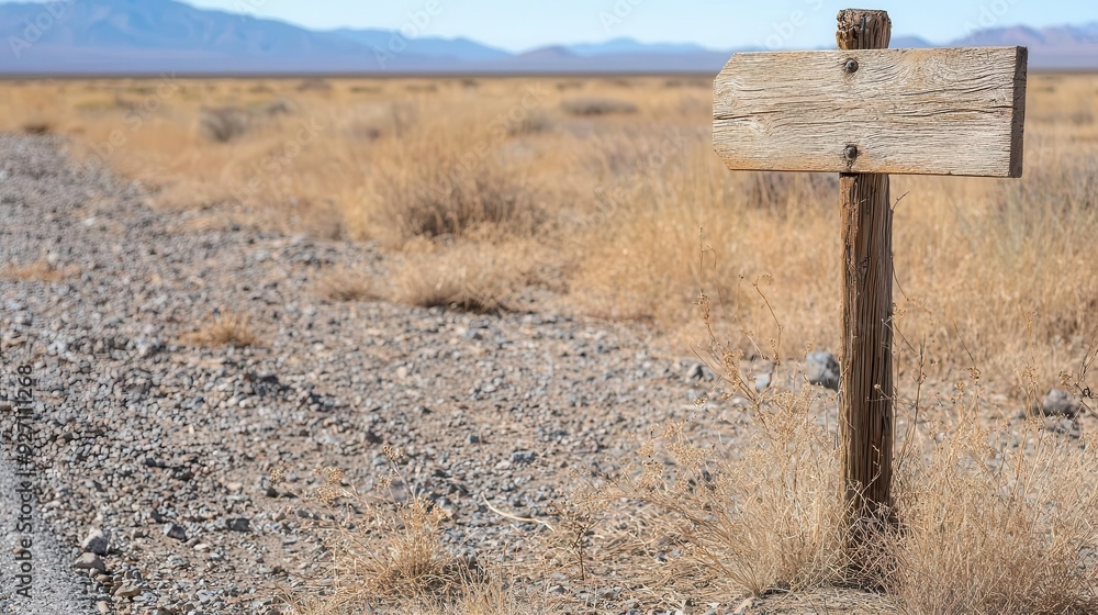 Naklejka premium Deserted highway route with an old wooden marker and distant signal, barren landscape with room for text.
