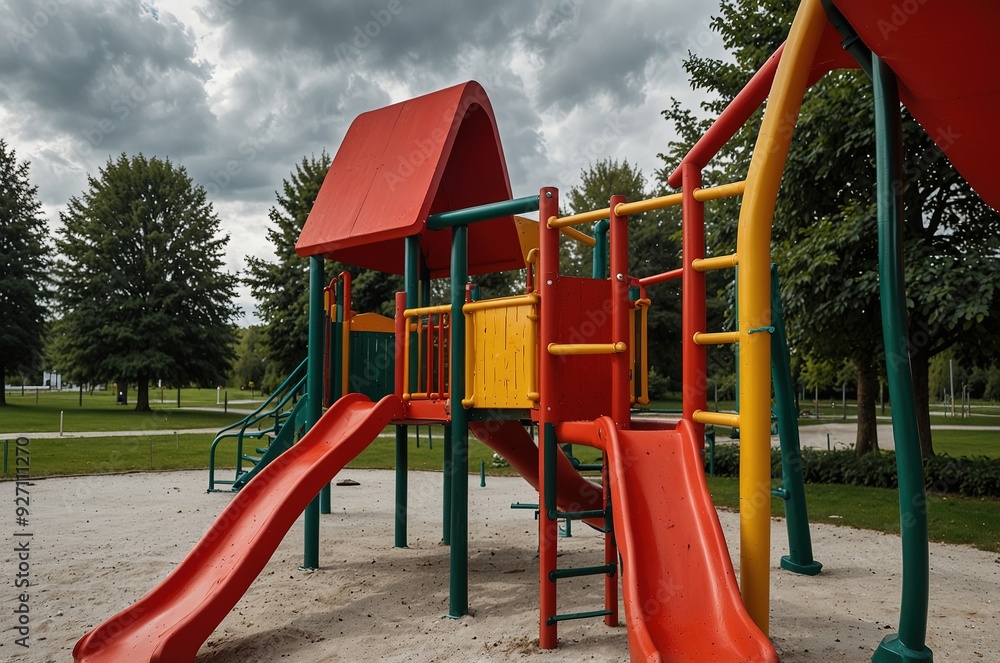 A playground with a bright red play tower and slide in Königsbrunn near Augsburg in Bavaria on a cloudy day A playground with a bright red play tower and slide in Königsbrunn near Augsburg in Bavaria on a cloudy day