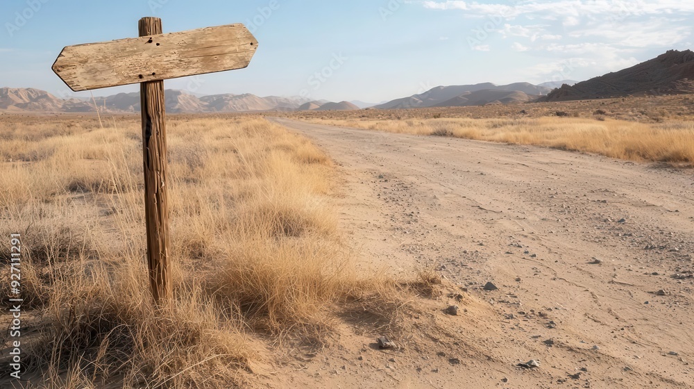 Deserted highway route with an old wooden marker and distant signal, barren terrain with ample copy space. Deserted highway route with an old wooden marker and distant signal, barren terrain with ample copy space.