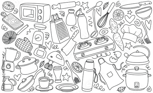 Hand drawn kitchen utensil doodle set.