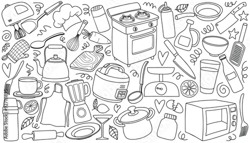 Hand drawn kitchen utensil doodle set.