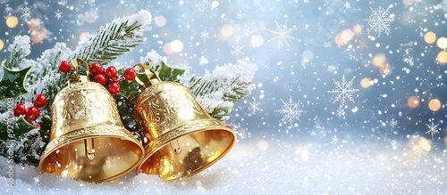 Golden Christmas bells on blurred snow background and space for text photo