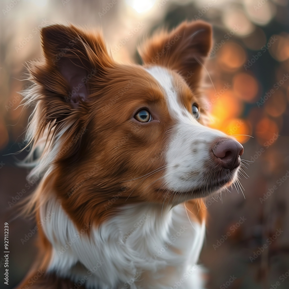 Portrait of a beautiful dog with orange and white fur in soft focus sunset background Portrait of a beautiful dog with orange and white fur in soft focus sunset background