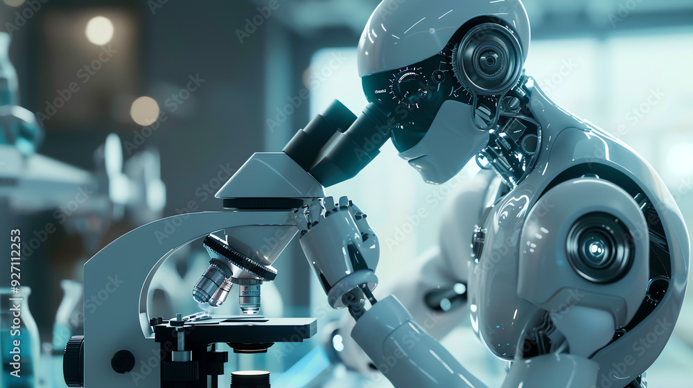 Fototapeta premium white robot is using a microscope in a lab, with a bottle of liquid next to it.