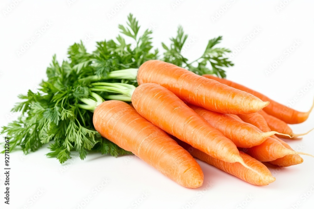 Fresh carrots with green tops lie on a white background. Bright orange color showcases healthy food options. Perfect for recipes or nutrition themes. Generative AI Fresh carrots with green tops lie on a white background. Bright orange color showcases healthy food options. Perfect for recipes or nutrition themes. Generative AI