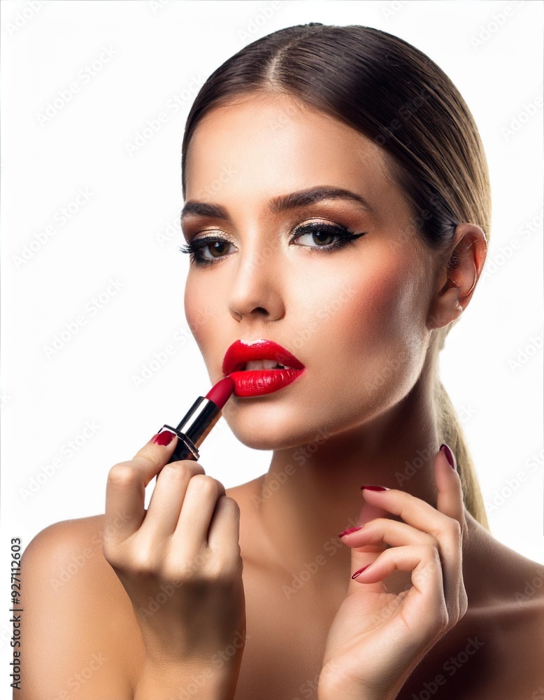 Retrato de unna hermosa mujer pintándose los labios; modelaje en estudio Retrato de unna hermosa mujer pintándose los labios; modelaje en estudio
