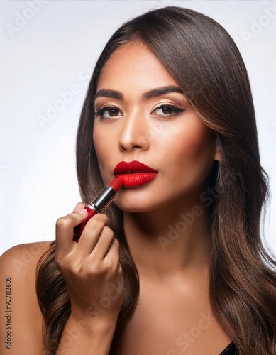 Retrato de unna hermosa mujer pintándose los labios; modelaje en estudio