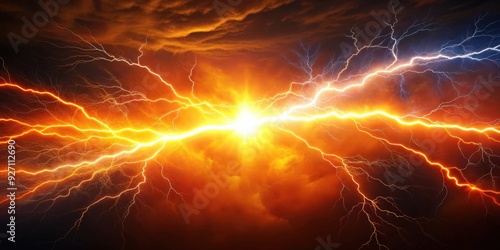 Fiery glowing lightning casting an intense light , fiery, glowing, lightning, intense, energy, power, electric, storm, sky