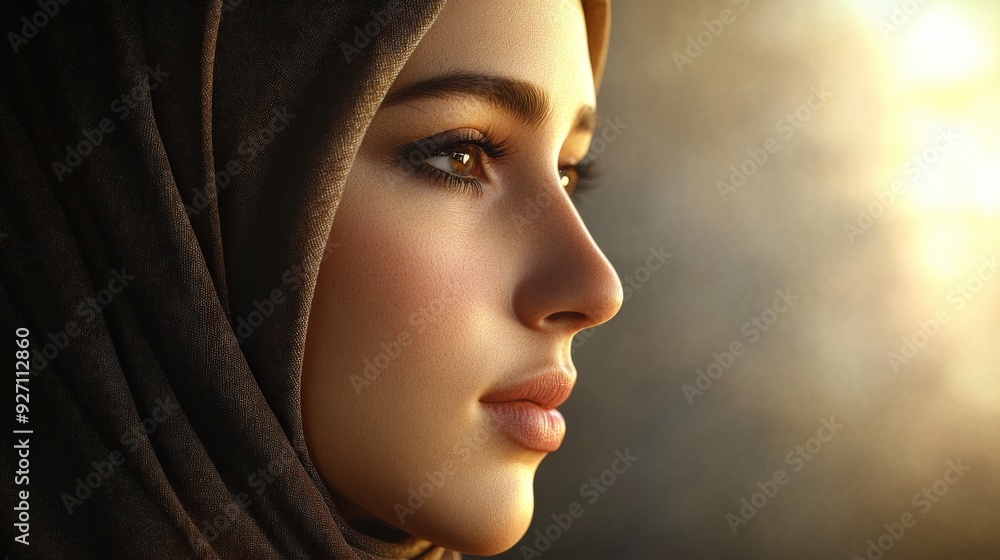 A Muslim woman in a hijab reflects quietly while the warm light of sunset casts a soft glow around her A Muslim woman in a hijab reflects quietly while the warm light of sunset casts a soft glow around her