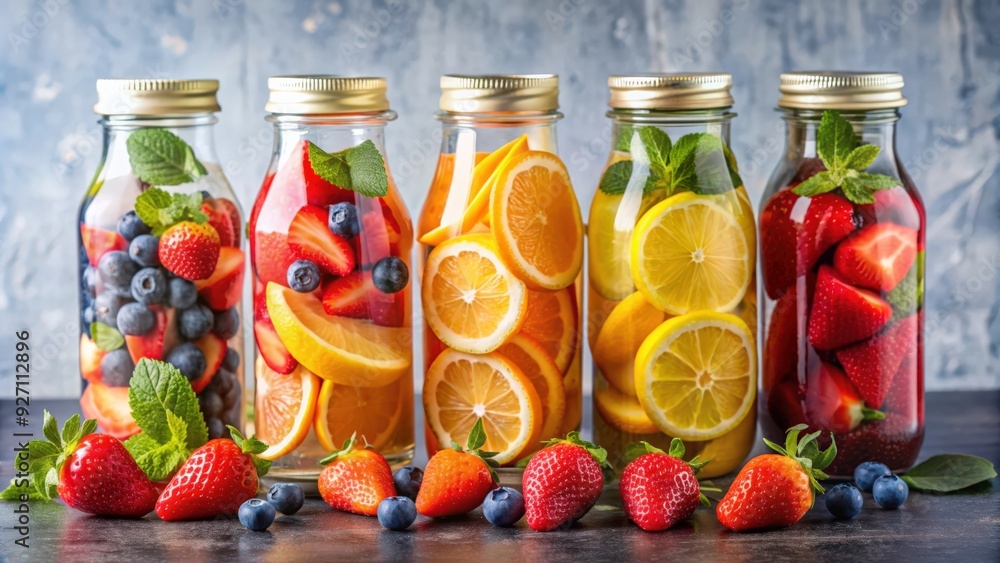 Vibrant display of bottled fruit-infused water with oranges, lemons, strawberries, and berries , healthy, lifestyle Vibrant display of bottled fruit-infused water with oranges, lemons, strawberries, and berries , healthy, lifestyle