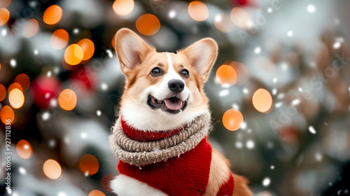 Portrait of Welsh corgi pembroke dog in christmas hat standing in snow with blurred light background. Snowflakes in the air.