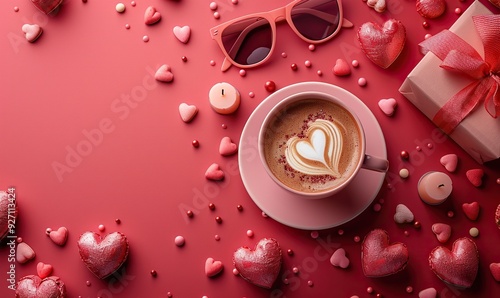 A Happy Valentine�s Day composition includes a gift box, envelope, candy, coffee cup, heart-shaped candles, and sunglasses on a red background. photo