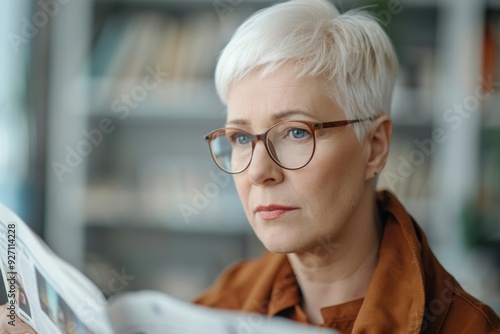 A thoughtful older woman reads the newspaper with a serious expression. She is stylish and attentive. This image captures a moment of reflection and curiosity. Generative AI