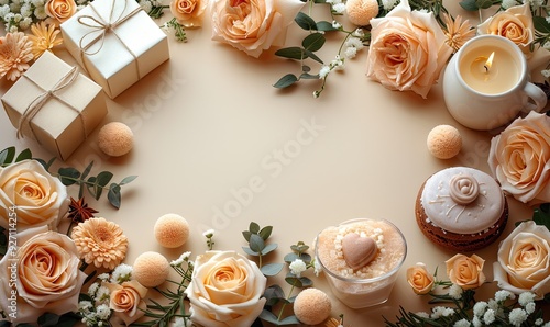 A Happy Valentine�s Day concept features a frame made of gift boxes, heart-shaped candles, and a coffee cup on a pastel beige background. photo