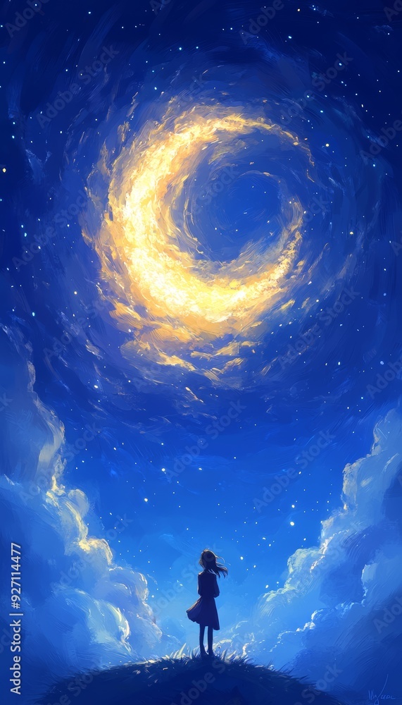A girl gazes at a swirling crescent moon in a starry sky, enveloped in serene clouds, evoking a sense of wonder and tranquility. A girl gazes at a swirling crescent moon in a starry sky, enveloped in serene clouds, evoking a sense of wonder and tranquility.