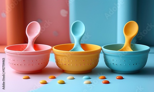 A baby silicone tableware set on a color background is designed for feeding children. photo