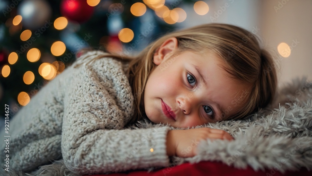A little girl rests on top at christmas - childhood belief A little girl rests on top at christmas - childhood belief