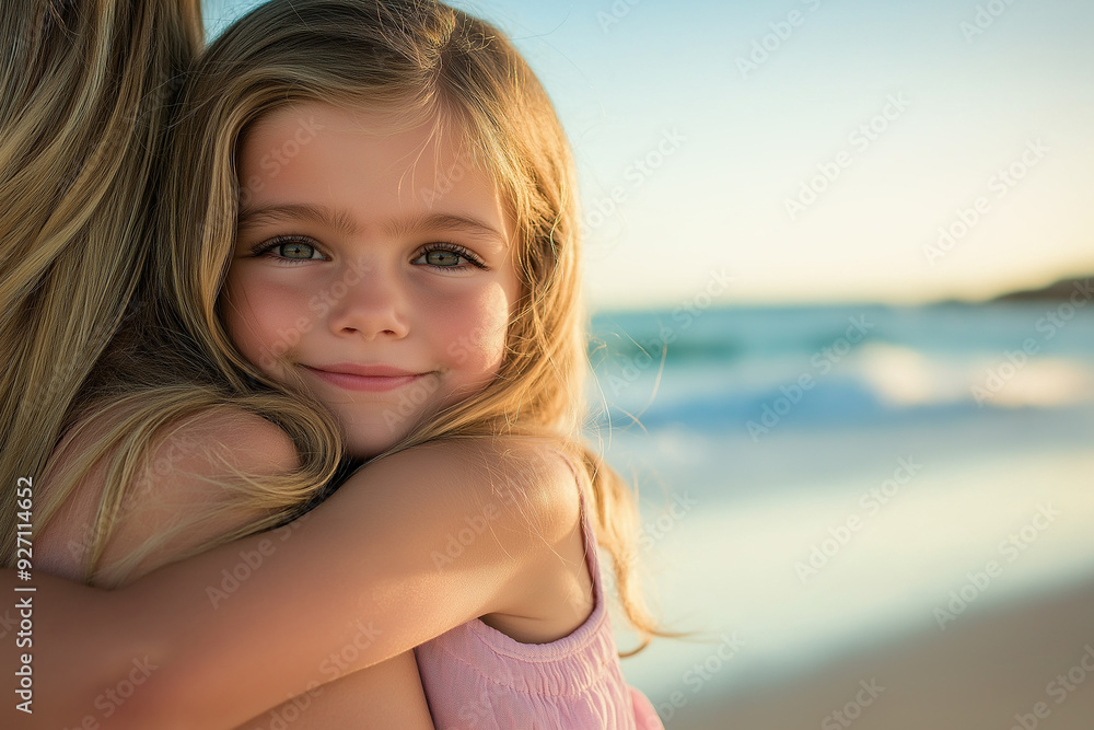 A little girl hugging her mother at the beach, smiling contentedly. The soft light of the setting sun highlights their closeness and affection. A little girl hugging her mother at the beach, smiling contentedly. The soft light of the setting sun highlights their closeness and affection.