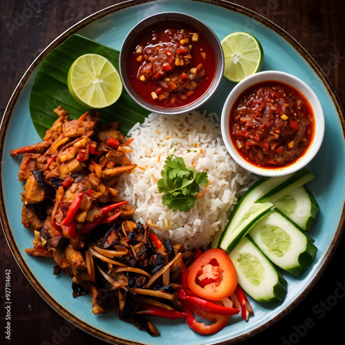 plate of dish typical Indonesian food for breakfast with sambal and chili sauce photo