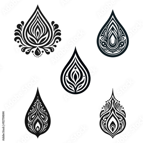 Set of five intricate black and white paisley designs with floral and swirl motifs in teardrop shapes.