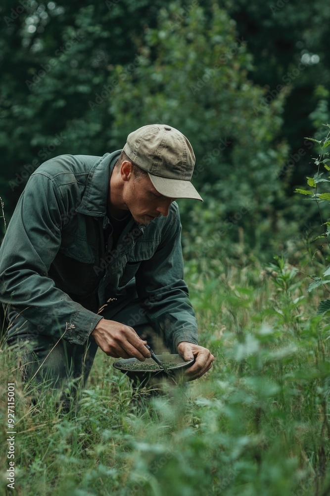 Man kneeling in field with knife