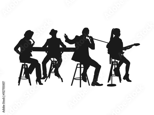 music band silhouettes. Group musicians playing percussion instruments vector. A musical group or rock band playing a concert in silhouette.Singing gang vector art silhouette with white background.