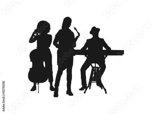 music band silhouettes. Group musicians playing percussion instruments vector. A musical group or rock band playing a concert in silhouette.Singing gang vector art silhouette with white background.