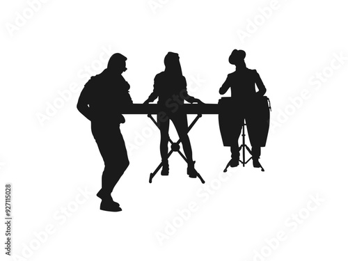 musician drummer silhouettes. Group musicians playing percussion instruments vector silhouettes. man play drum on street vector silhouette illustration isolated.  Drummer boy vector. white background.