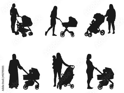 walkings mothers with baby strollers silhouettes. Group of parents walking pushing babies in strollers side view silhouette set. mother pushing a baby stroller silhouette isolated on white background.