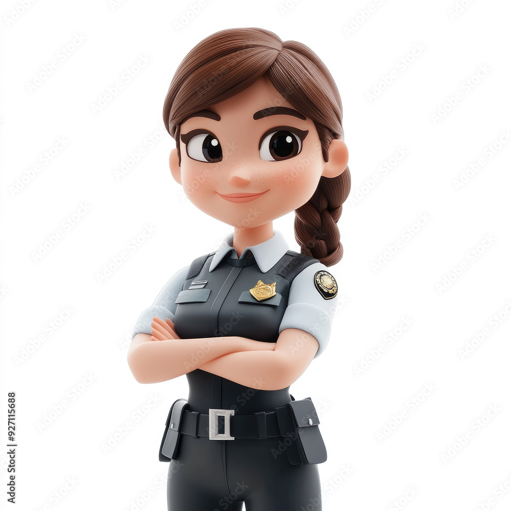 3D cartoon, a female security uniform. on a solid white background 3D cartoon, a female security uniform. on a solid white background