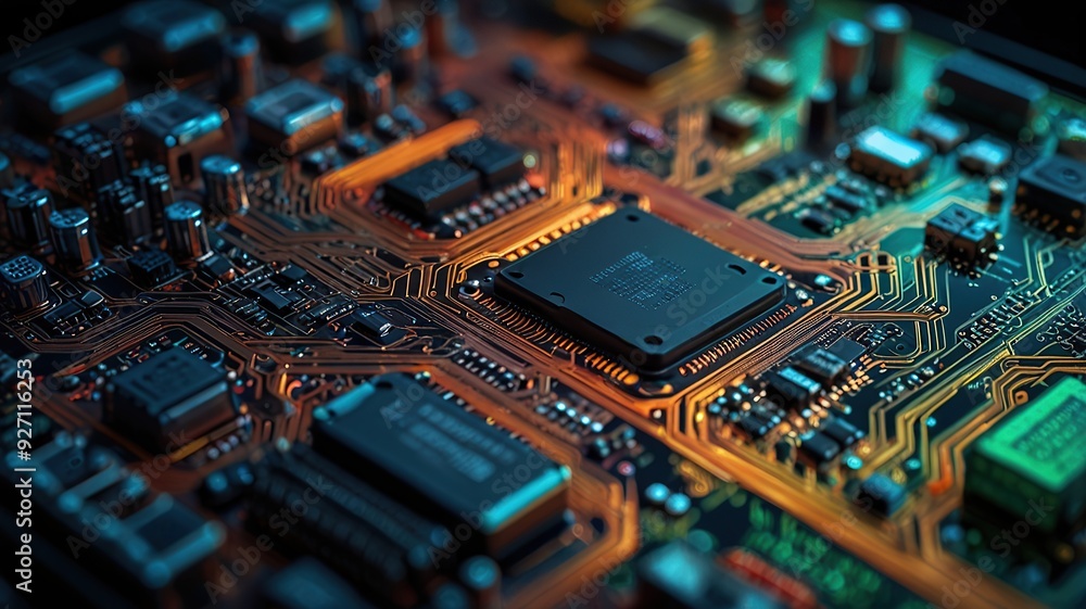 Abstract technology circuit design CPU motherboard of a computer board and processor created with Generative AI
Abstract technology circuit design CPU motherboard of a computer board and processor created with Generative AI