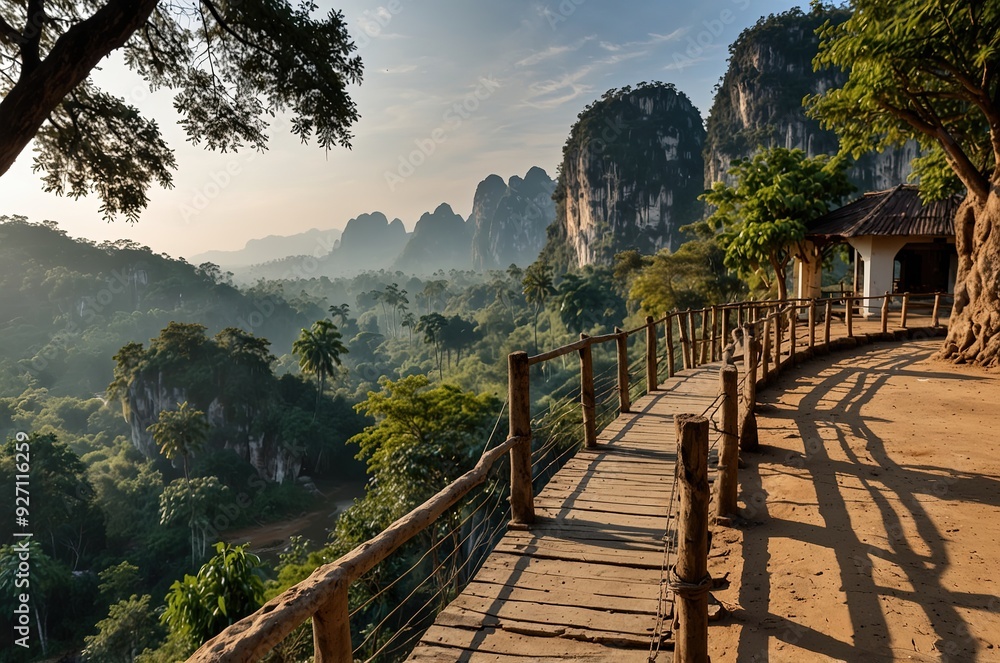 Obraz premium Limestone rock forest and suspension bridge and gazebo at the Rock Viewpoint in Laos- Khammouane Province, Laos