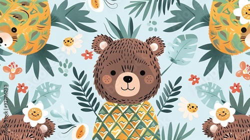 1. Seamless pattern featuring adorable bears dressed in pineapple costumes with charming flowers on a blue and white background, capturing a whimsical summer fruit theme in kawaii vector style photo